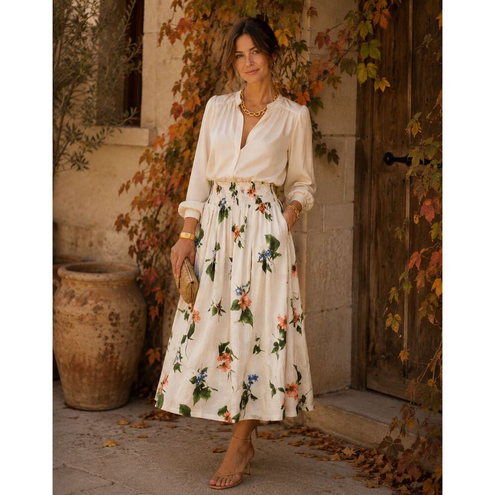Scoop Floral Maxi Skirt Women S White Smocked Waist Cottagecore Resort Boho